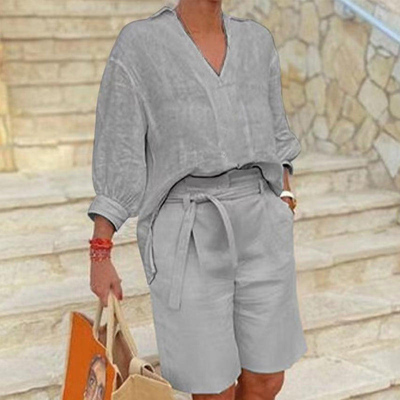Dame Casual Todelt Sett med V-hals Topp og Shorts