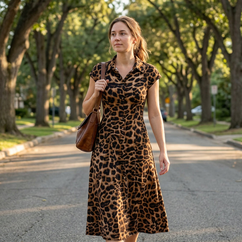 👗🐆 50 % RABATT! Elegant damekjole med leopardmønster og reverskrage – stilig, figursydd og perfekt til kontoret, middag og spesielle anledninger ✨