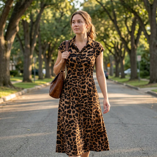 👗🐆 50 % RABATT! Elegant damekjole med leopardmønster og reverskrage – stilig, figursydd og perfekt til kontoret, middag og spesielle anledninger ✨