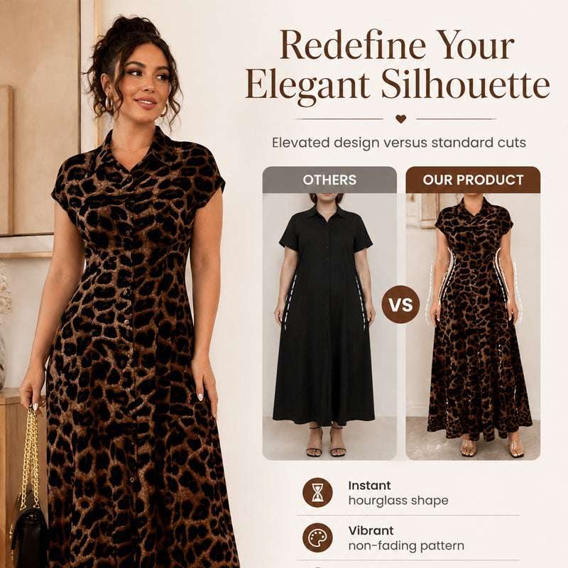 👗🐆 50 % RABATT! Elegant damekjole med leopardmønster og reverskrage – stilig, figursydd og perfekt til kontoret, middag og spesielle anledninger ✨