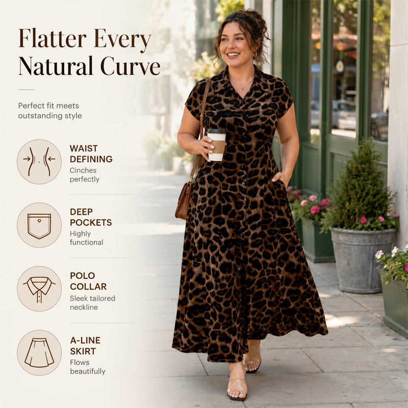 👗🐆 50 % RABATT! Elegant damekjole med leopardmønster og reverskrage – stilig, figursydd og perfekt til kontoret, middag og spesielle anledninger ✨