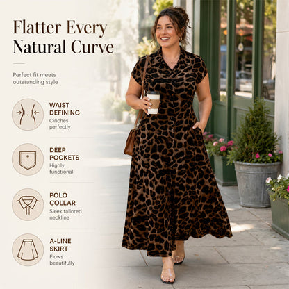 👗🐆 50 % RABATT! Elegant damekjole med leopardmønster og reverskrage – stilig, figursydd og perfekt til kontoret, middag og spesielle anledninger ✨