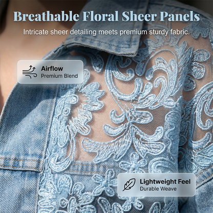 🔥 50 % RABATT 🌸 Elegant denimjakke med blomstrete blondepaneler ✨ Feminint uttrykk, eksklusive detaljer og tidløs stil 💎