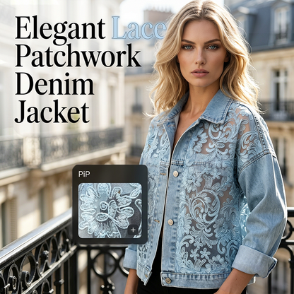 🔥 50 % RABATT 🌸 Elegant denimjakke med blomstrete blondepaneler ✨ Feminint uttrykk, eksklusive detaljer og tidløs stil 💎