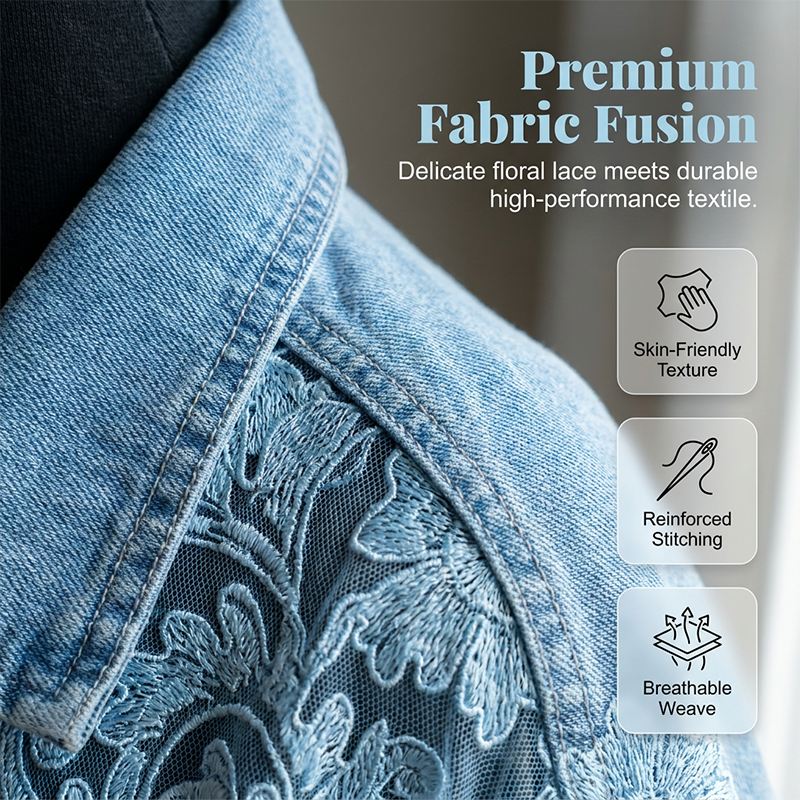 🔥 50 % RABATT 🌸 Elegant denimjakke med blomstrete blondepaneler ✨ Feminint uttrykk, eksklusive detaljer og tidløs stil 💎