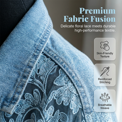 🔥 50 % RABATT 🌸 Elegant denimjakke med blomstrete blondepaneler ✨ Feminint uttrykk, eksklusive detaljer og tidløs stil 💎
