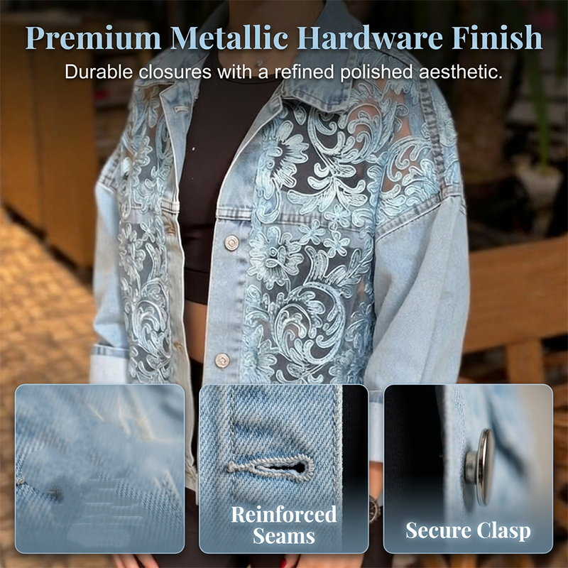 🔥 50 % RABATT 🌸 Elegant denimjakke med blomstrete blondepaneler ✨ Feminint uttrykk, eksklusive detaljer og tidløs stil 💎
