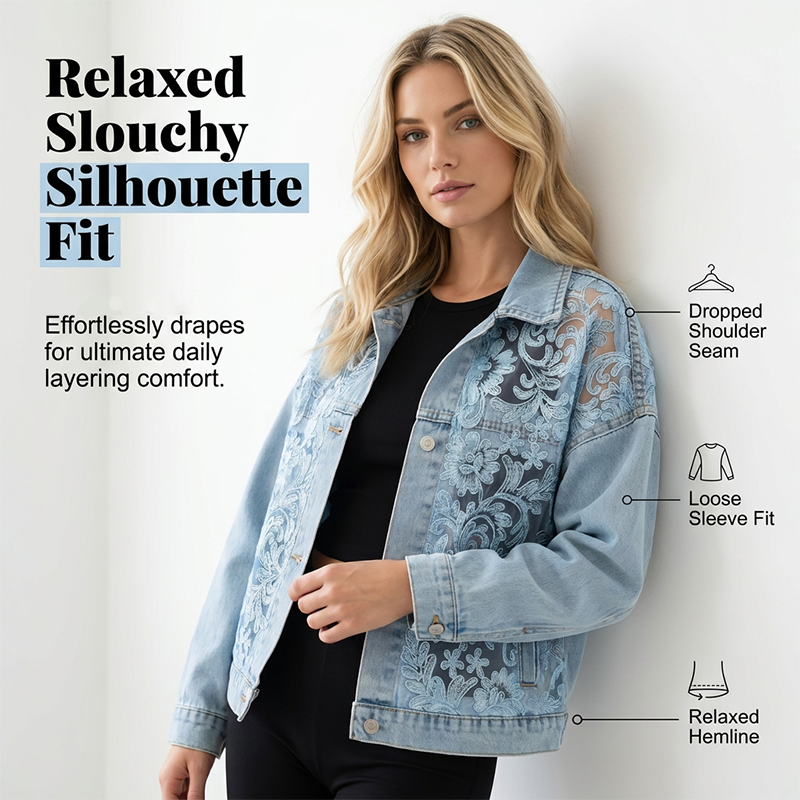 🔥 50 % RABATT 🌸 Elegant denimjakke med blomstrete blondepaneler ✨ Feminint uttrykk, eksklusive detaljer og tidløs stil 💎