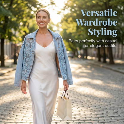 🔥 50 % RABATT 🌸 Elegant denimjakke med blomstrete blondepaneler ✨ Feminint uttrykk, eksklusive detaljer og tidløs stil 💎