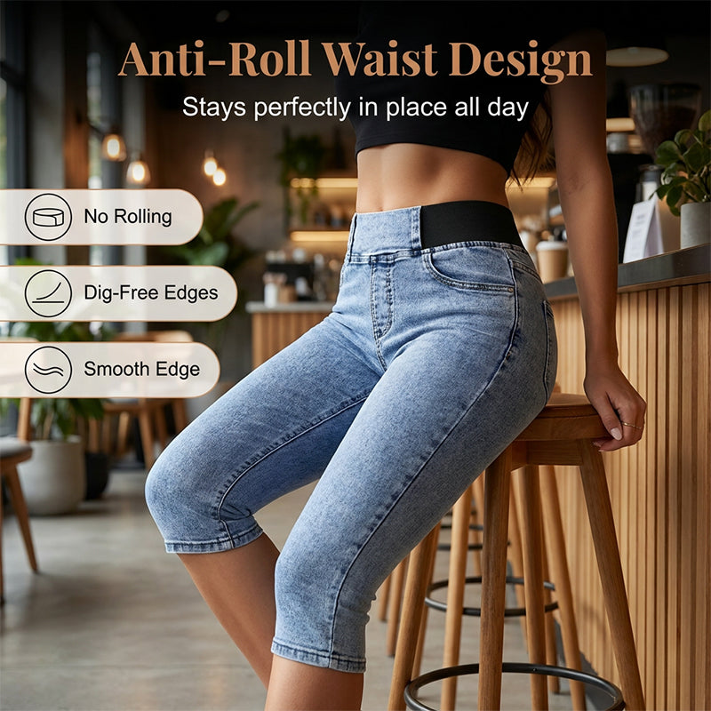 Capri-bukser i denim med høy midje for kvinner, elastisk midje, korte jeans