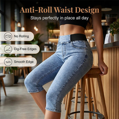 Capri-bukser i denim med høy midje for kvinner, elastisk midje, korte jeans