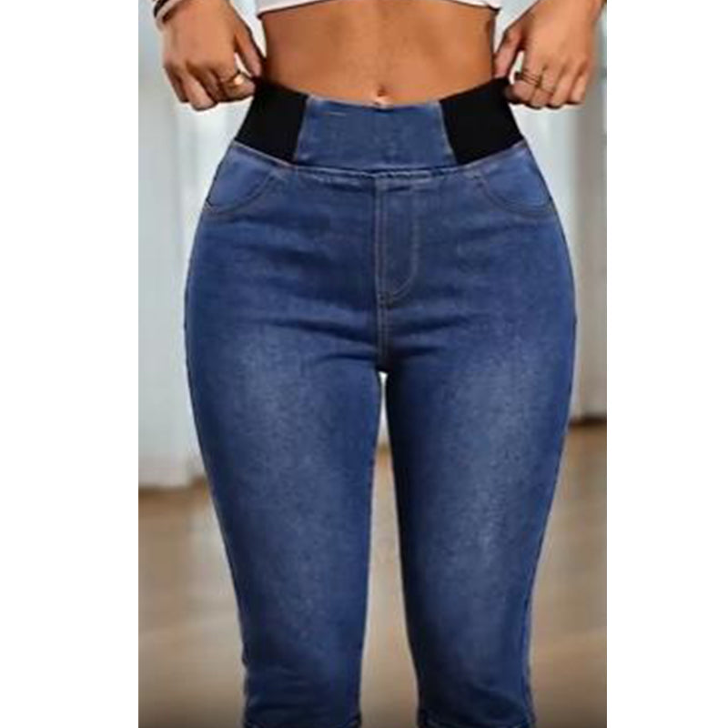 Capri-bukser i denim med høy midje for kvinner, elastisk midje, korte jeans