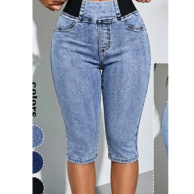 Capri-bukser i denim med høy midje for kvinner, elastisk midje, korte jeans