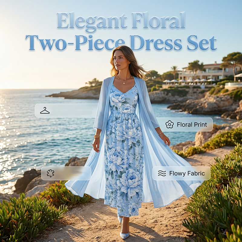 🌸👗Elegant todelt blomstermønstret kjolesett for kvinner – det perfekte antrekket til sommerferien✨