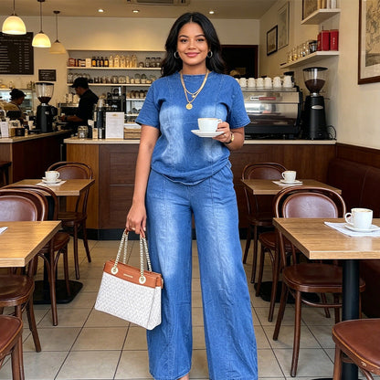 🌸💙 50 % RABATT! 2-delt sett i vasket blå denim – avslappet og komfortabel stil