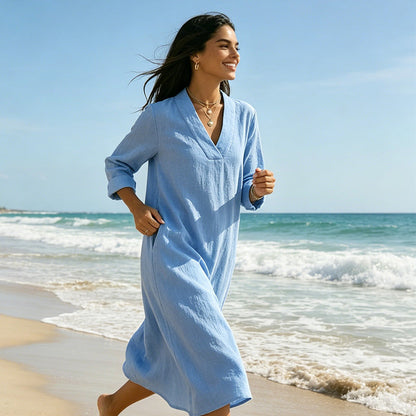 🌸☀️ 50 % RABATT! Kjole i bomull og lin med V-hals – Kul og elegant