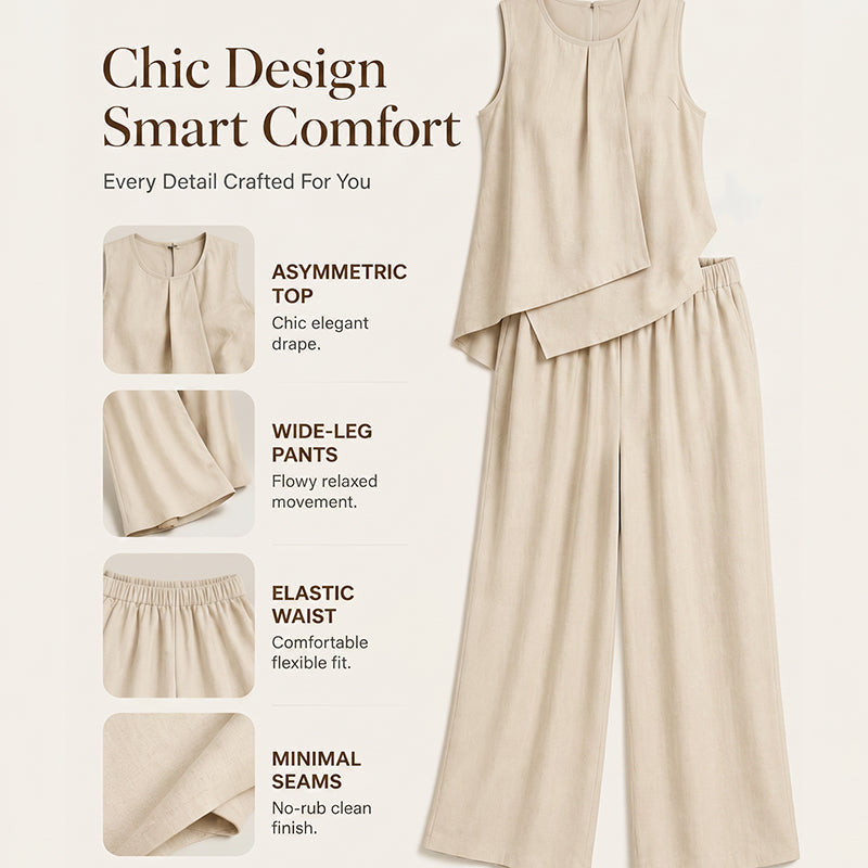 👗✨Asymmetrisk topp og vide bukser til dame – Uanstrengt og elegant stil med vide ben🔥