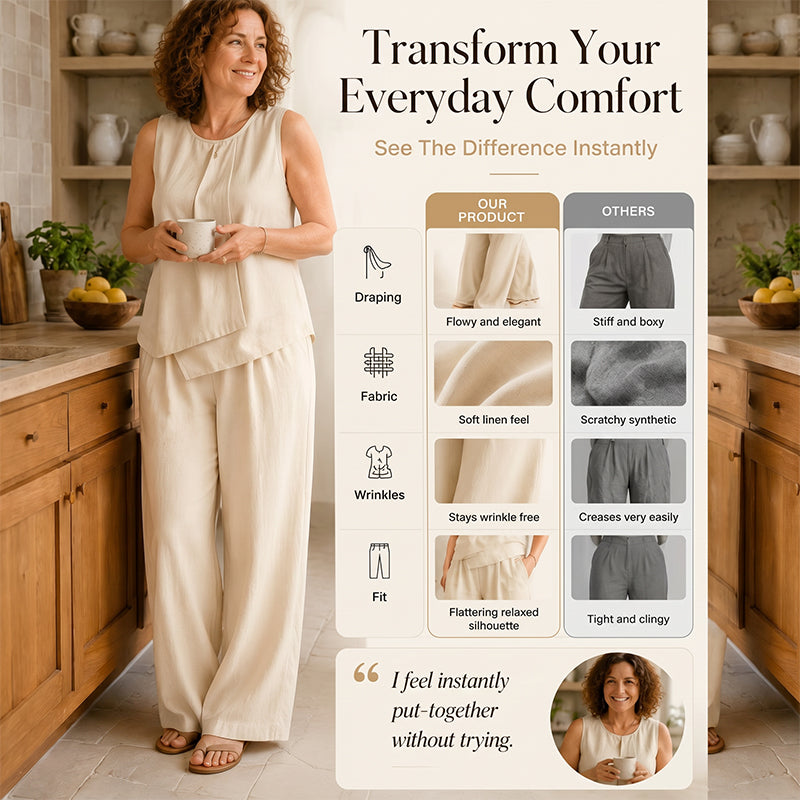 👗✨Asymmetrisk topp og vide bukser til dame – Uanstrengt og elegant stil med vide ben🔥