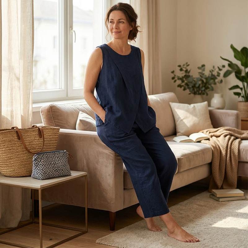 👗✨Asymmetrisk topp og vide bukser til dame – Uanstrengt og elegant stil med vide ben🔥