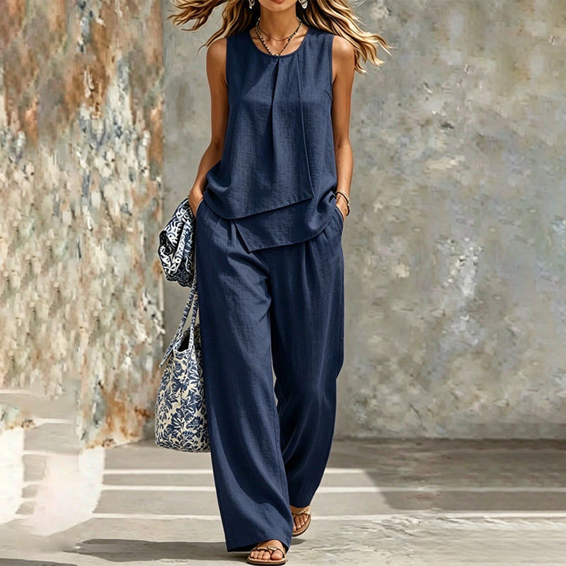 👗✨Asymmetrisk topp og vide bukser til dame – Uanstrengt og elegant stil med vide ben🔥