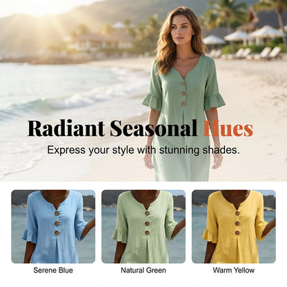 👗☀️Ensfarget midikjole med rysjermer til dame – Komfortabel sommerkjole hver dag ✨