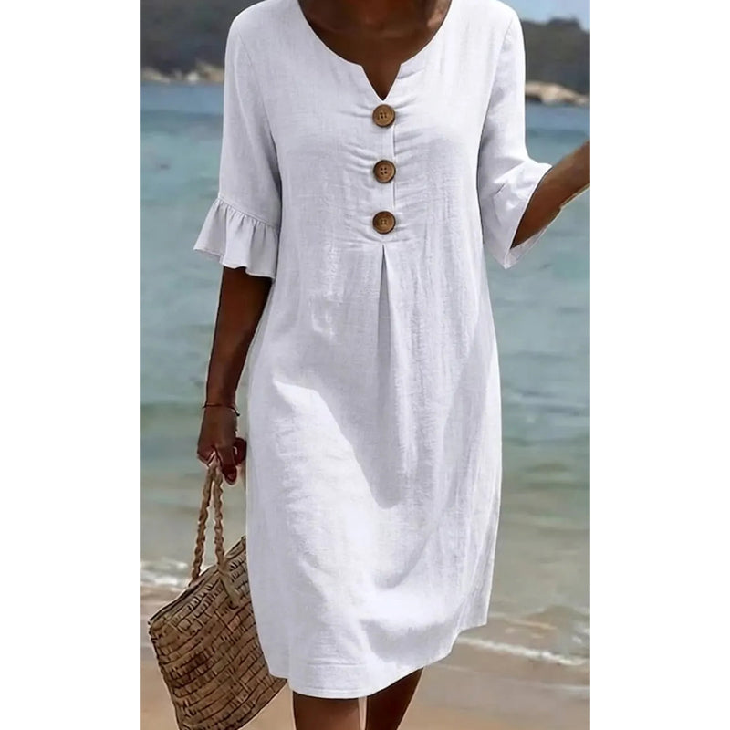 👗☀️Ensfarget midikjole med rysjermer til dame – Komfortabel sommerkjole hver dag ✨