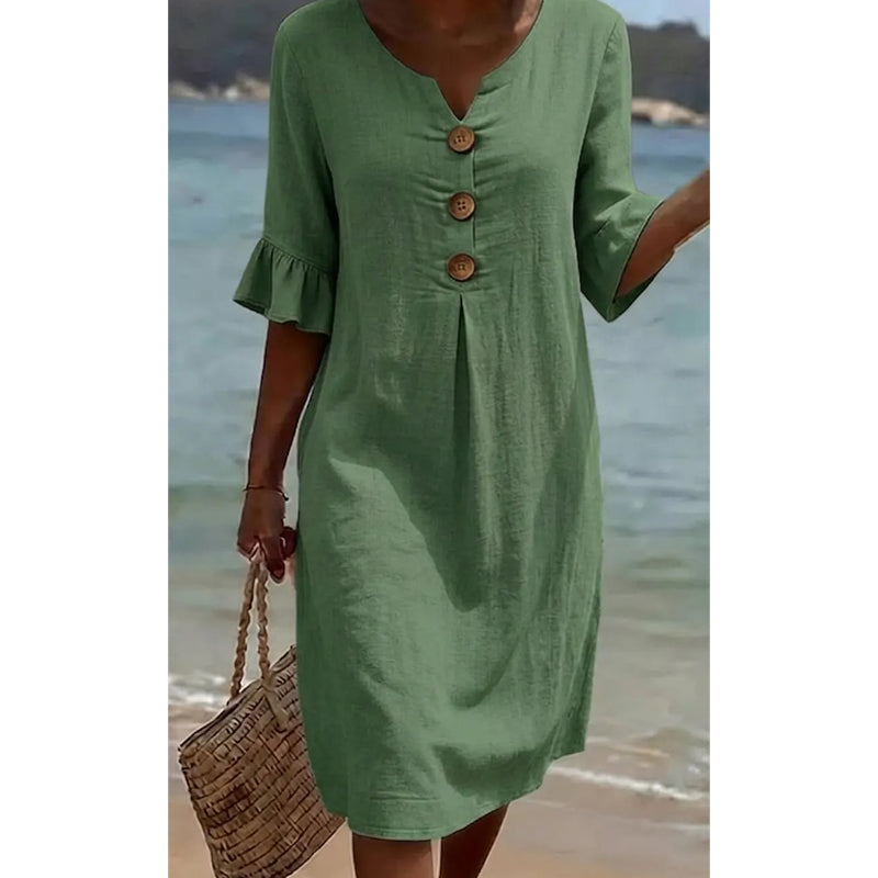 👗☀️Ensfarget midikjole med rysjermer til dame – Komfortabel sommerkjole hver dag ✨