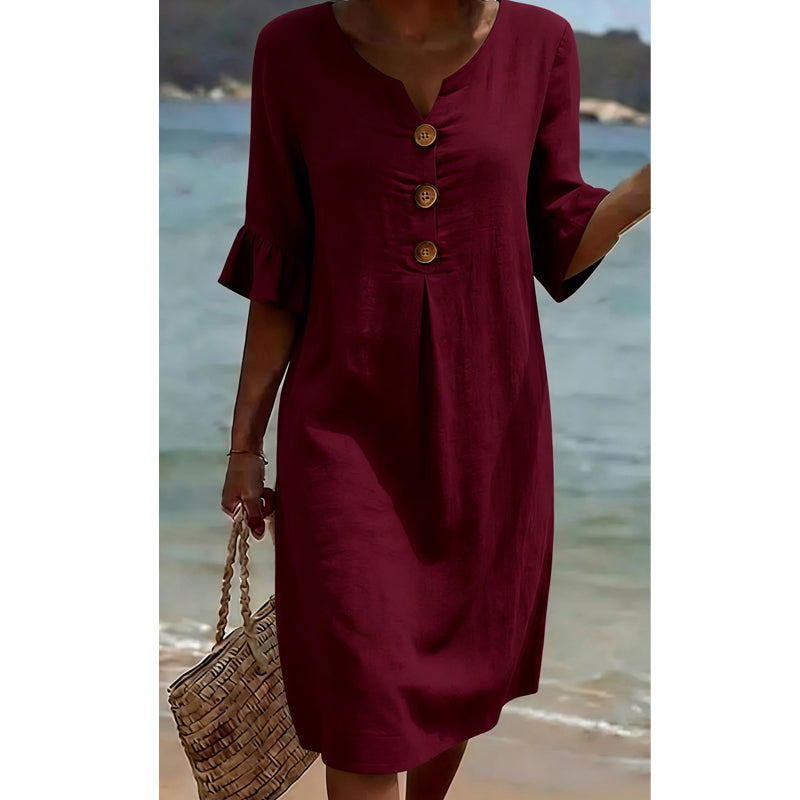 👗☀️Ensfarget midikjole med rysjermer til dame – Komfortabel sommerkjole hver dag ✨