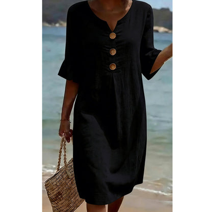 👗☀️Ensfarget midikjole med rysjermer til dame – Komfortabel sommerkjole hver dag ✨
