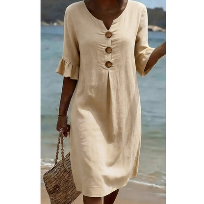 👗☀️Ensfarget midikjole med rysjermer til dame – Komfortabel sommerkjole hver dag ✨