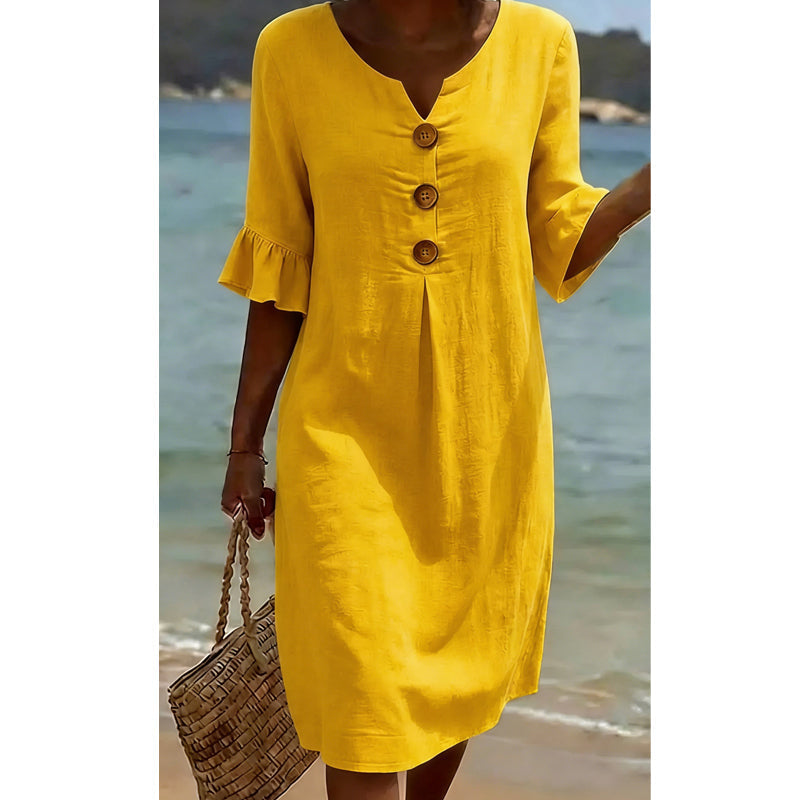 👗☀️Ensfarget midikjole med rysjermer til dame – Komfortabel sommerkjole hver dag ✨