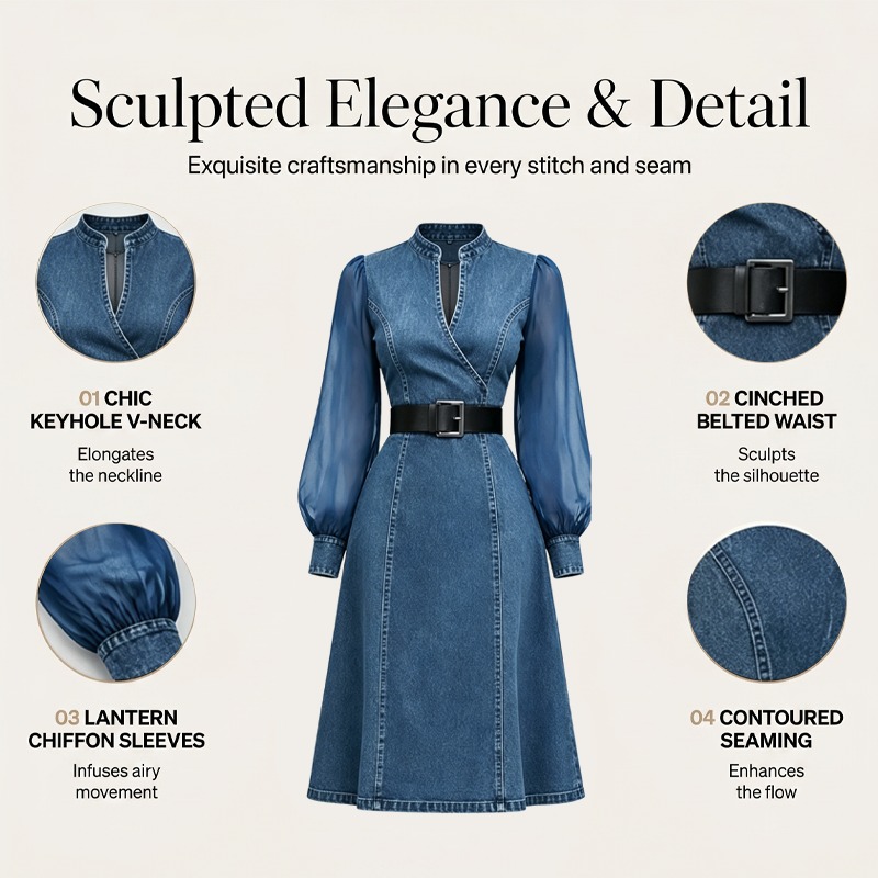👗Slim fit standkrage denim midikjole – Elegant hverdagssjikk✨
