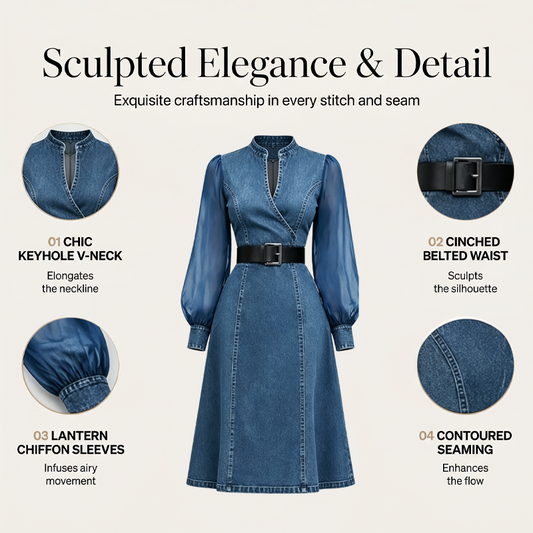 👗Slim fit standkrage denim midikjole – Elegant hverdagssjikk✨