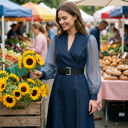 👗Slim fit standkrage denim midikjole – Elegant hverdagssjikk✨