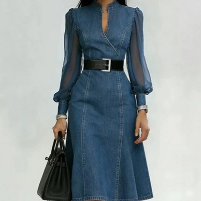 👗Slim fit standkrage denim midikjole – Elegant hverdagssjikk✨