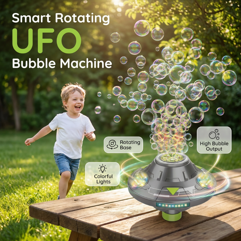 🛸 50 % RABATT I BEGRENSET TID! 💥 Smart roterende UFO-boblemaskin – 360° rotasjon, RGB-lys, unngåelse av hindringer ✨