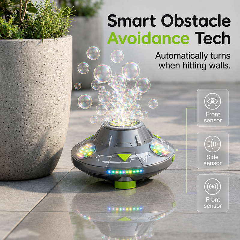 🛸 50 % RABATT I BEGRENSET TID! 💥 Smart roterende UFO-boblemaskin – 360° rotasjon, RGB-lys, unngåelse av hindringer ✨