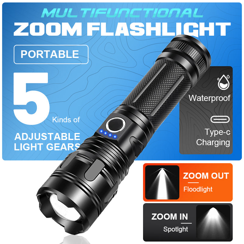 🔦⚡ Multifunksjonell LED-lommelykt med zoom – strøm og nødhjelp i ett produkt