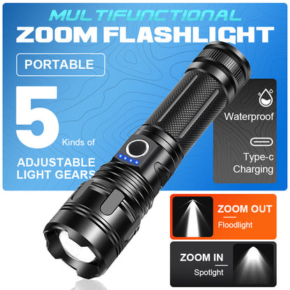 🔦⚡ Multifunksjonell LED-lommelykt med zoom – strøm og nødhjelp i ett produkt
