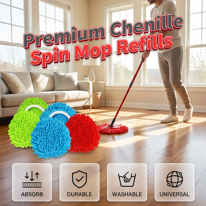 🧹 Chenille spinnmoppehode – ultraabsorberende mikrofiberrefillpads | Våt og tørr bruk | Maskinvaskbar | Passer de fleste spinnmopper ✨