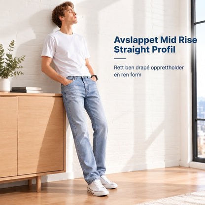 Boe Stretch Slim Fit Jeans, Avslappende Mid Rise Denim Bukser