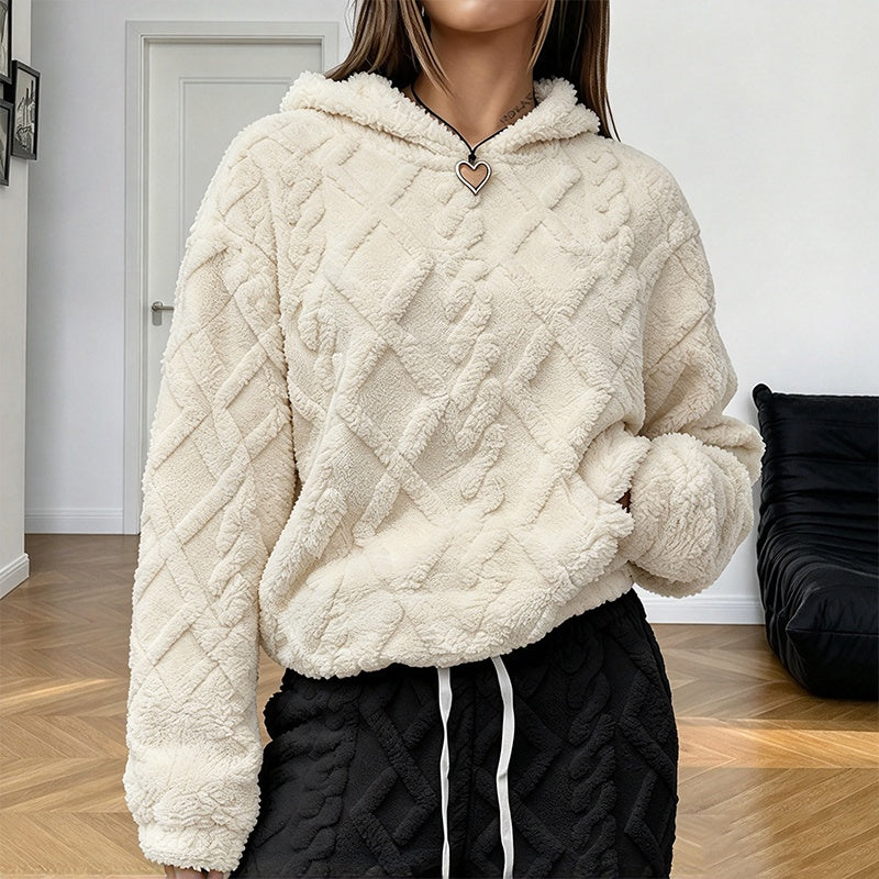 Damegenser med hette i diamantmønstret jacquard-plush