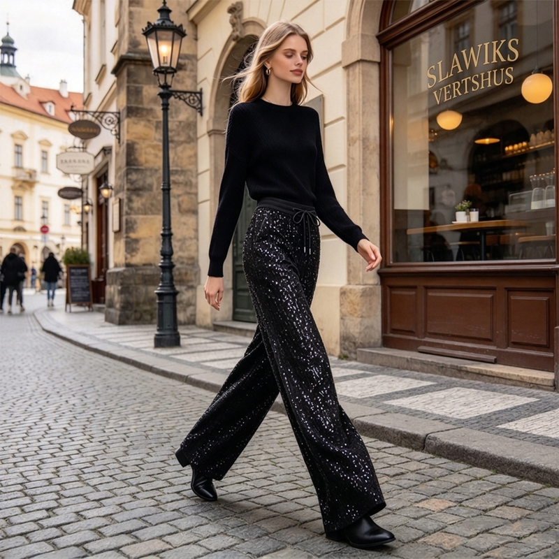 Breie bukser med glitterpaljetter for kvinner