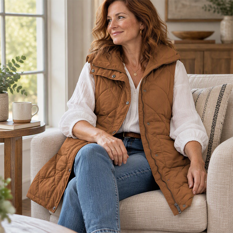 Dames midt-lange, quiltede termiske vest