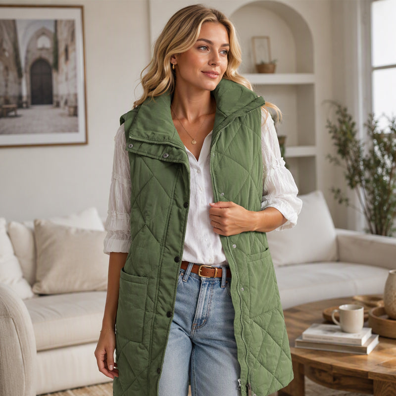 Dames midt-lange, quiltede termiske vest
