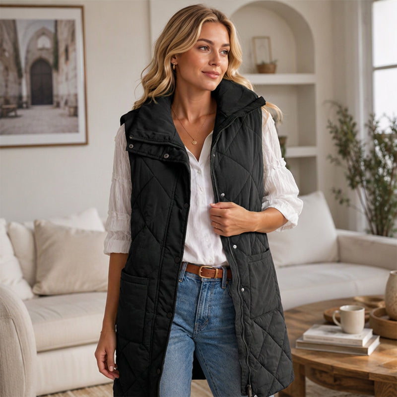 Dames midt-lange, quiltede termiske vest