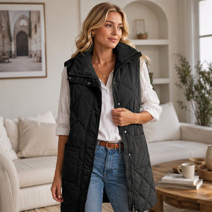 Dames midt-lange, quiltede termiske vest