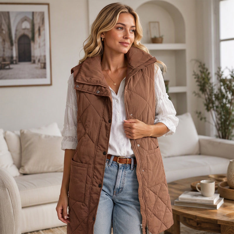 Dames midt-lange, quiltede termiske vest