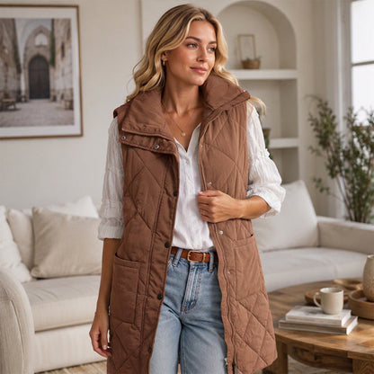 Dames midt-lange, quiltede termiske vest