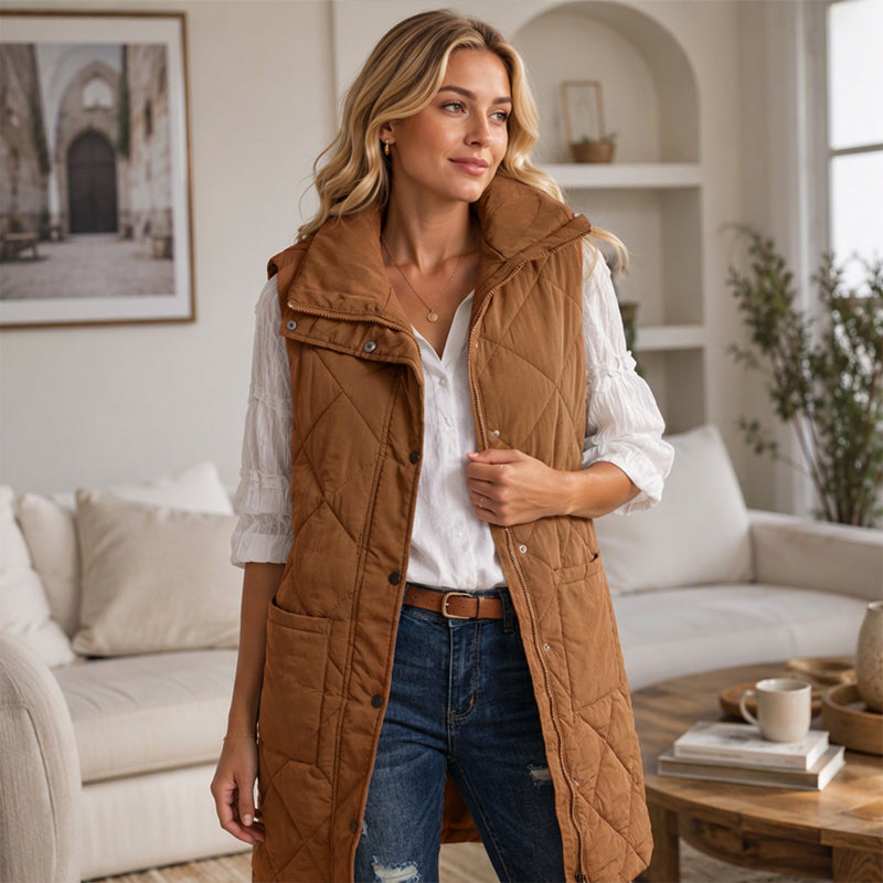 Dames midt-lange, quiltede termiske vest